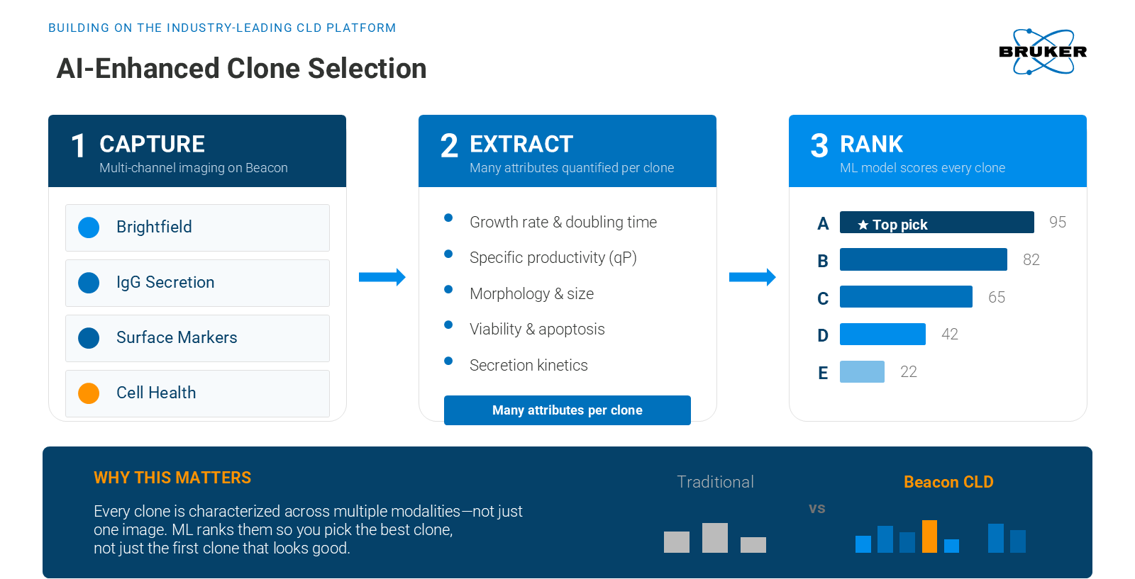 AI-enhanced clone selection workflow showing capture, feature extraction, and ranking